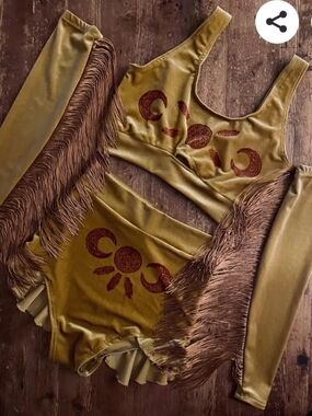 Burning Man Velvet Fringe High-Waist Hot Pants Piece Set — Beige